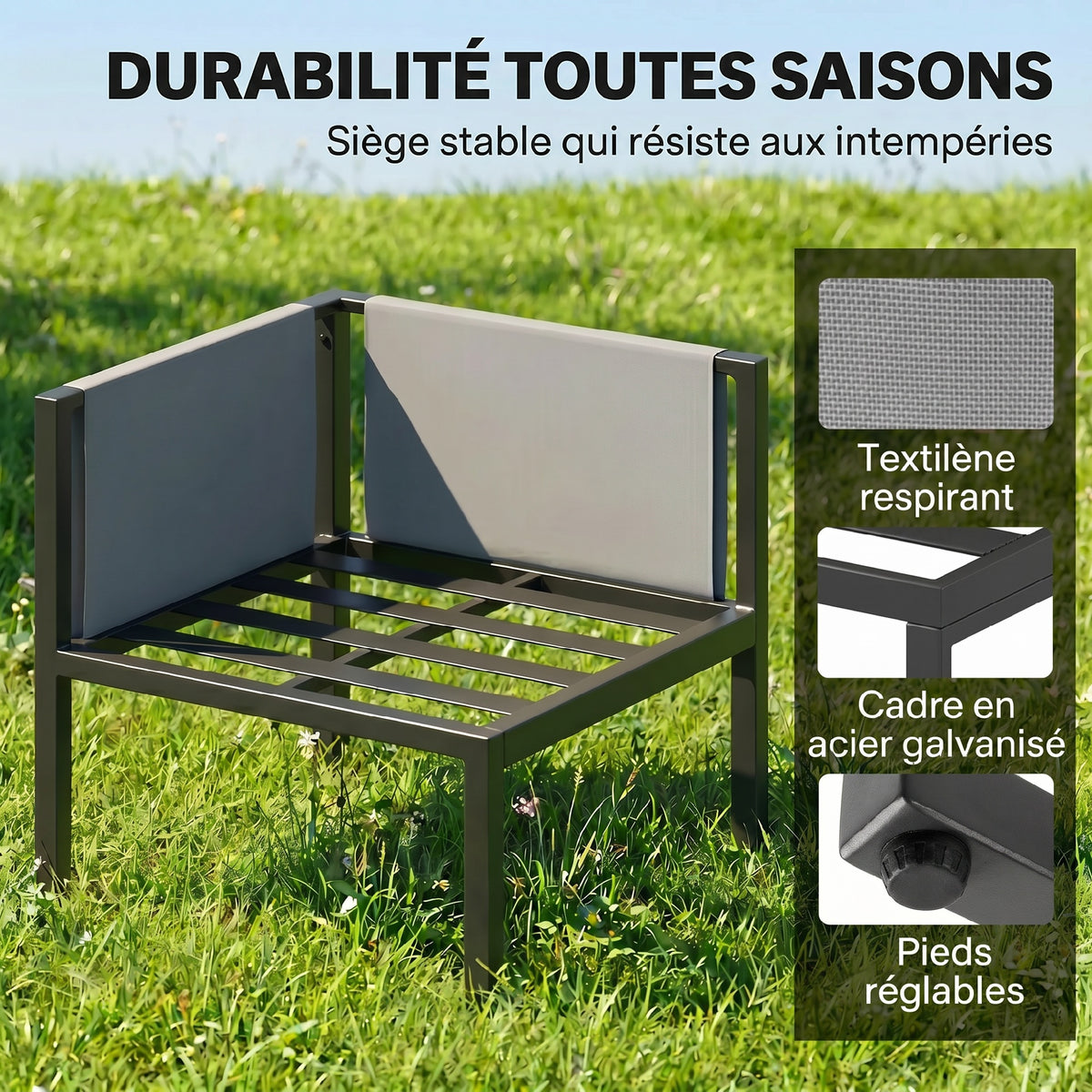 Salon de Jardin Canapé 6 Pièces Coussins 10cm Table Haute et 2 Repose-pieds Gris