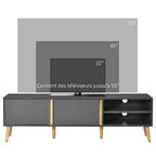 Meuble TV jusqu'à 55 pouces ,2 portes, 2 niches avec passe-câbles 150 x 35 x 45 cm gris foncé