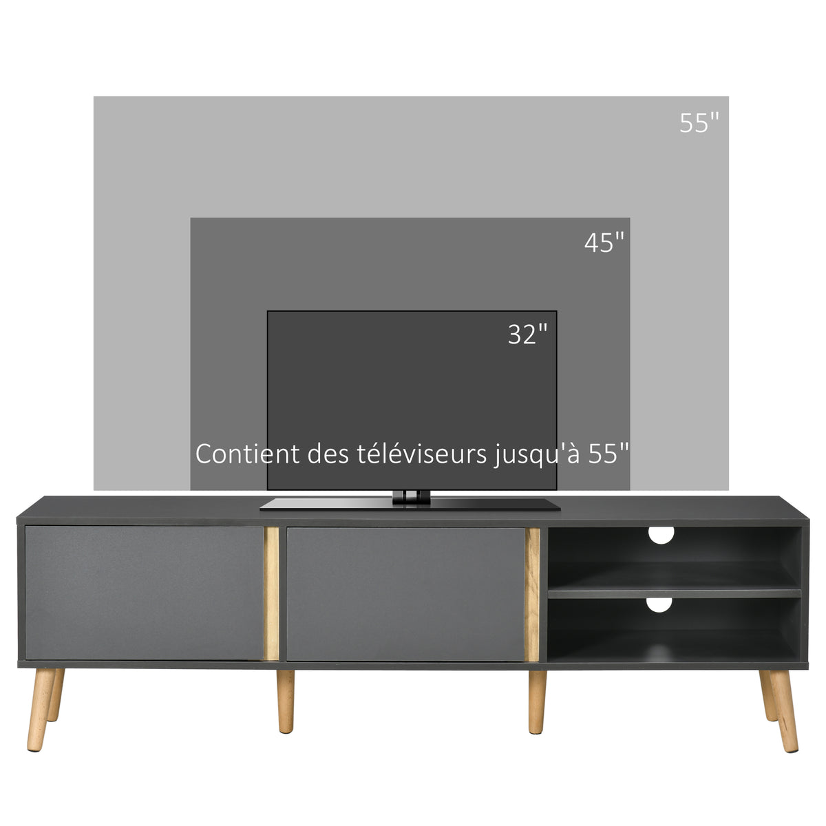 Meuble TV jusqu'à 55 pouces ,2 portes, 2 niches avec passe-câbles 150 x 35 x 45 cm gris foncé