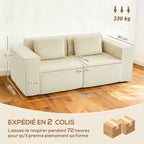 Canapé 3 places en velours, 2 coussins, 202x90x76cm, beige