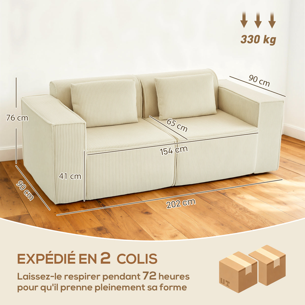 Canapé 3 places en velours, 2 coussins, 202x90x76cm, beige