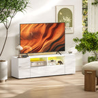 Meuble TV, jusqu'à 60 pouces, avec lumières LED, 2 étagères et placards, 137 x 35 x 42 cm, blanc
