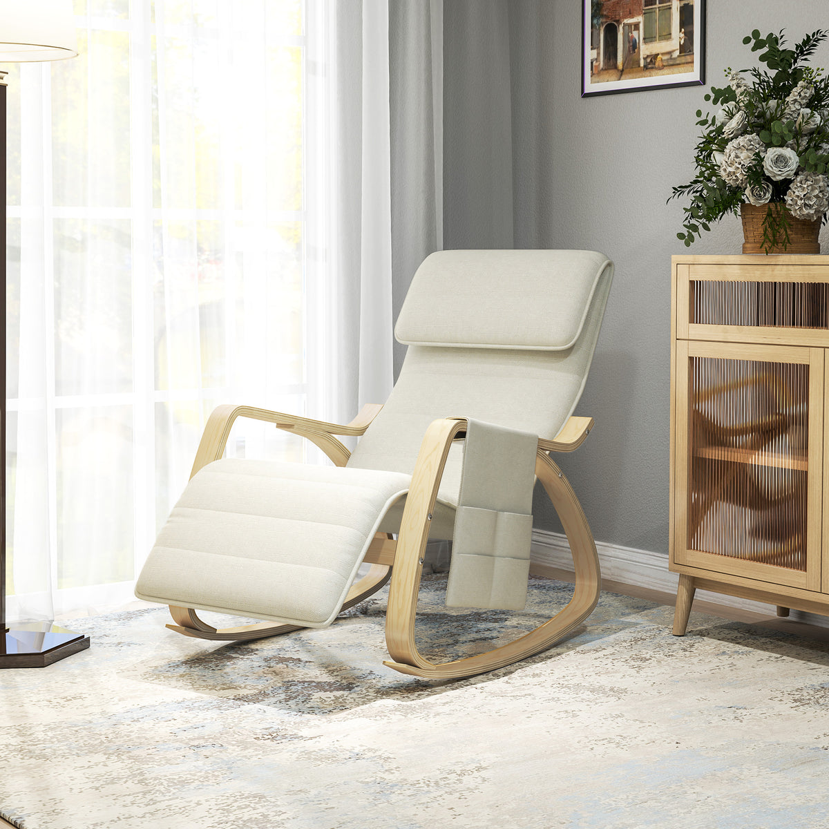 Fauteuil à bascule avec repose-pieds réglable, poche latérale, blanc crème