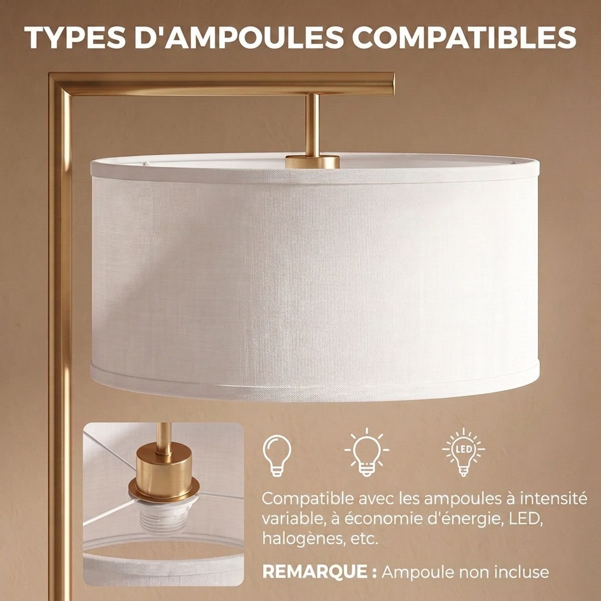 Lampadaire / lampe à pied, abat-jour en tissu de lin, or et blanc