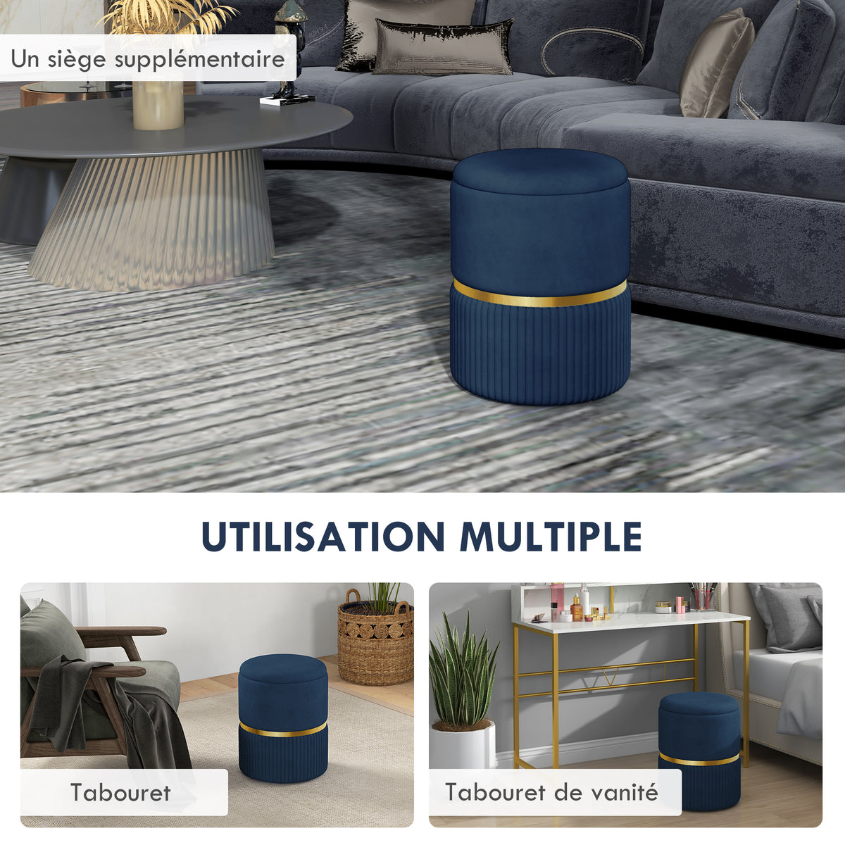 Pouf tabouret repose-pied coffre de rangement en velours 36 x 36 x 44 cm bleu