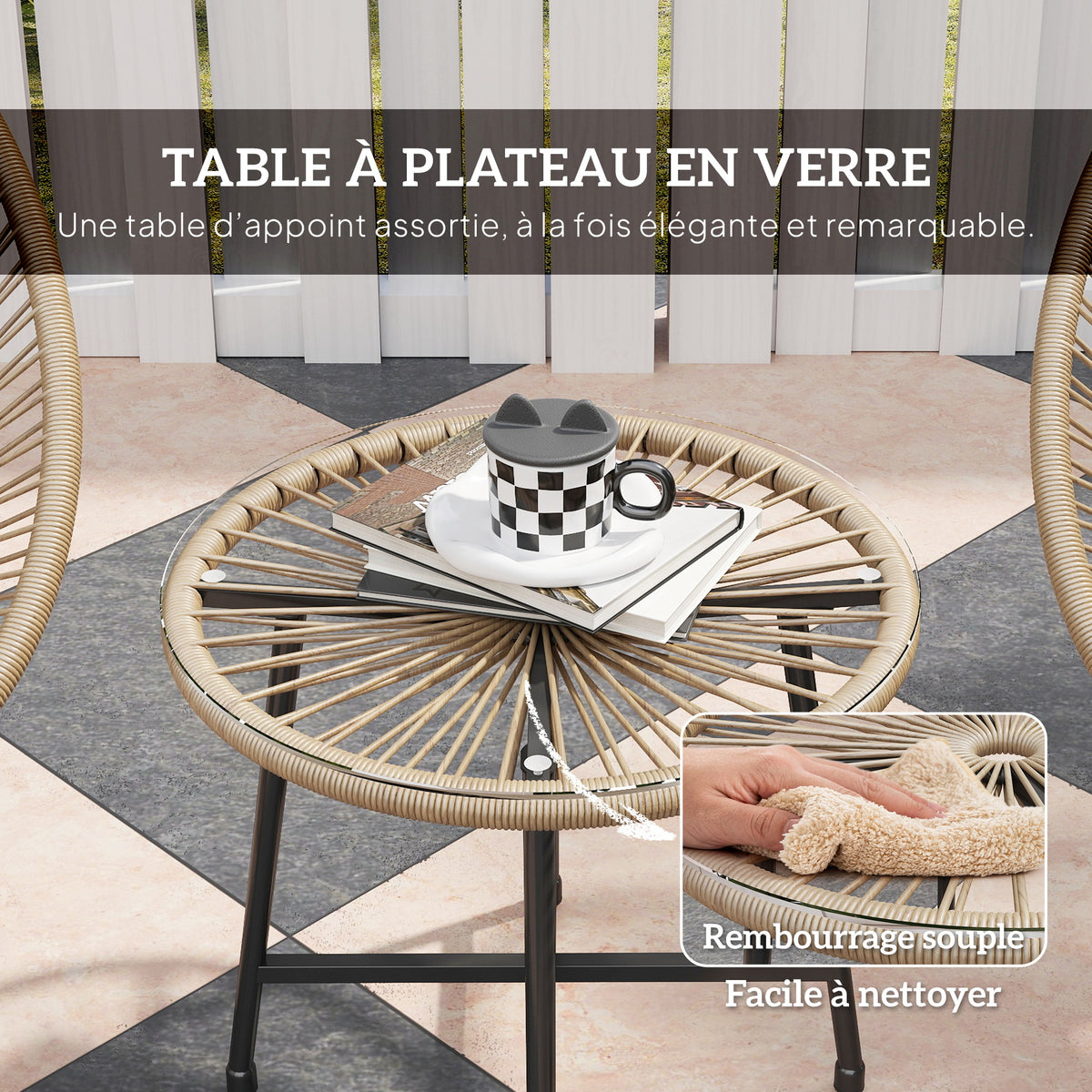 Salon de jardin 2 personnes, plateau en verre trempé