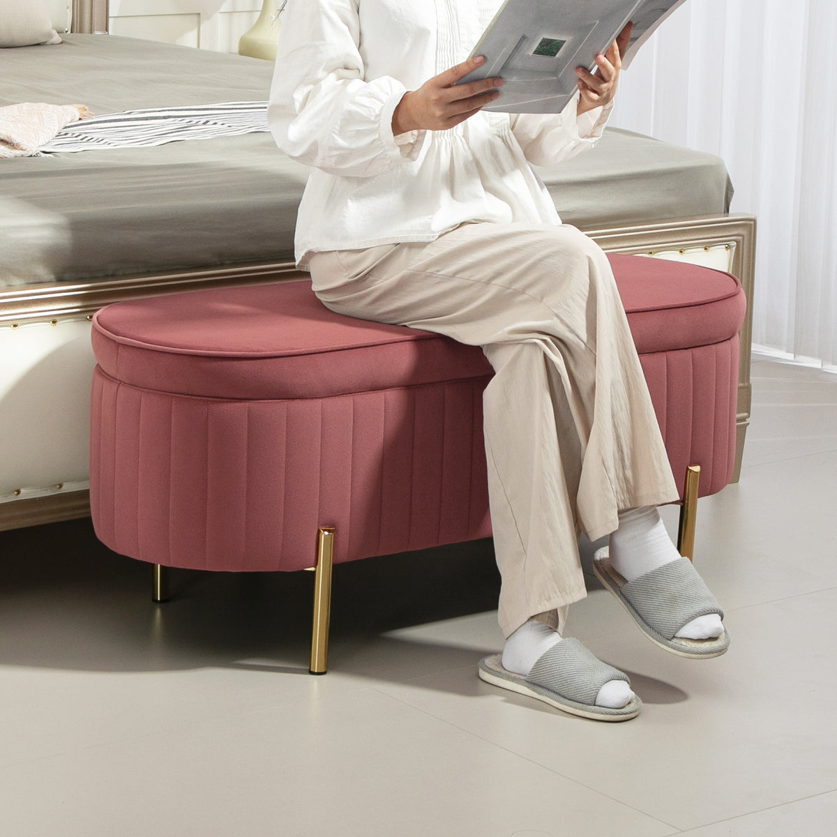 Banc de rangement, bout de lit en velours, pieds en métal,72 L, 108x44x43,5cm, rose