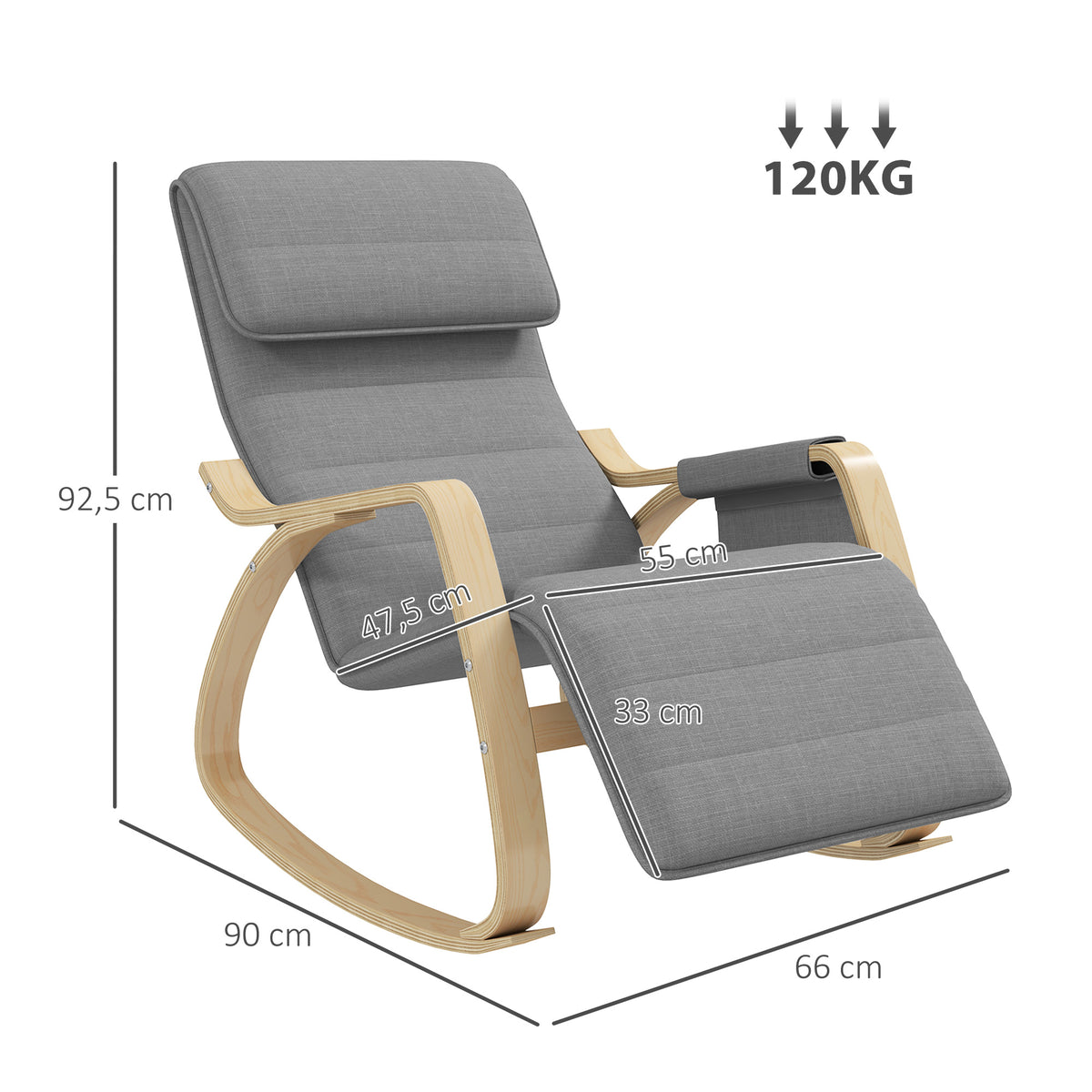 Fauteuil à bascule avec repose-pieds réglable, poche latérale, gris
