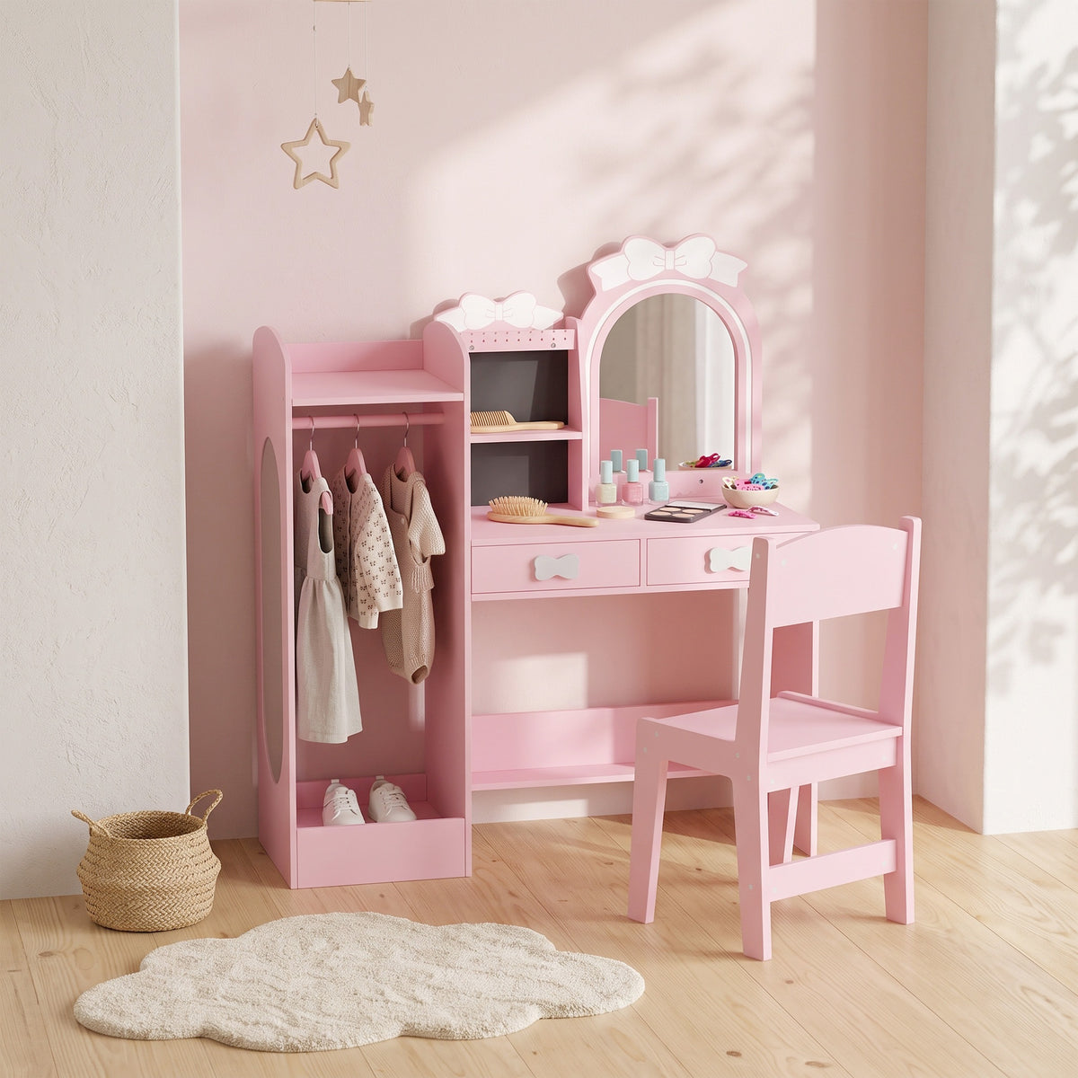 Coiffeuse pour Enfants avec Tabouret et Miroir Lumineux, Rose