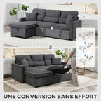 Canapé d'angle convertible en velours, canapé-lit 3 places, coussins, 205x135x76cm, gris