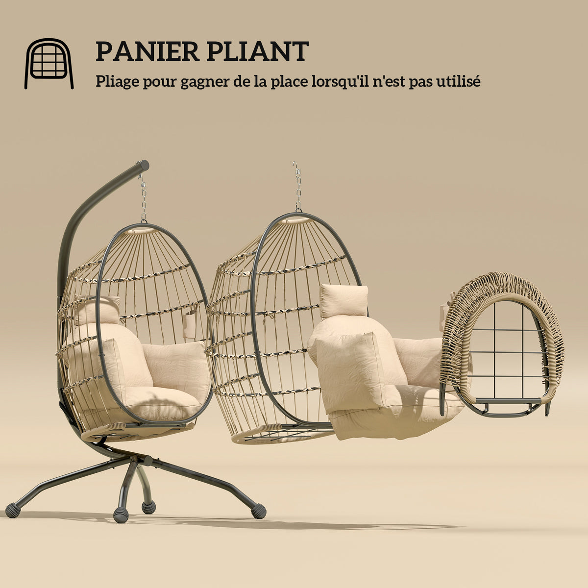 Fauteuil oeuf suspendu, coussin rembourré, cadre en acier, beige