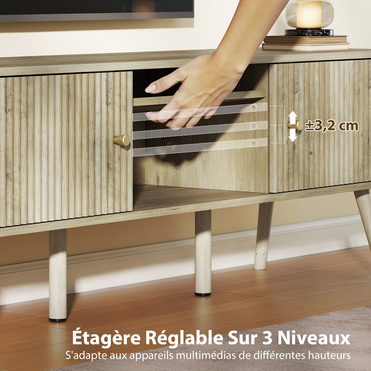 Meuble TV, 65 pouces avec 2 portes, 2 compartiments ouverts, étagère réglable, 140x35x49cm, chêne