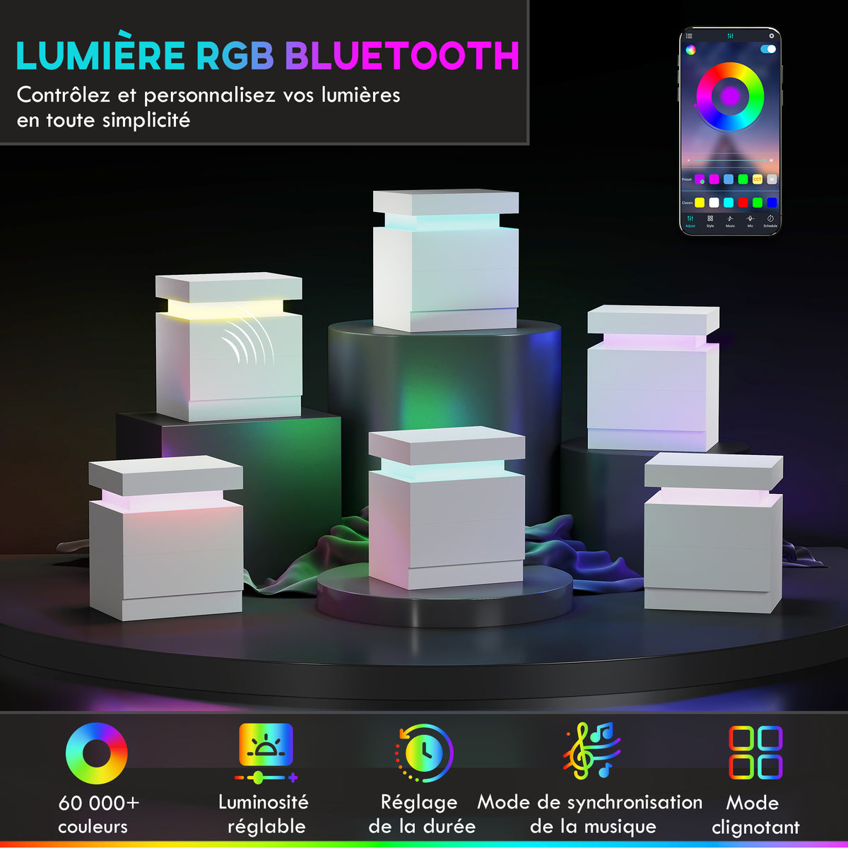 Table de chevet lumière LED RVB avec haute brillance avec 2 tiroirs blanc