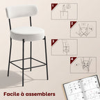 Lot de 2 tabourets de bar, dossier courbé, repose-pieds, 49x52x95cm, crème