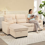 Canapé d'angle convertible en velours, canapé-lit 3 places, coussins, 205x135x76cm, beige