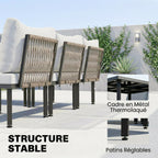 Salon de jardin modulable 6 personnes, table basse avec plateau en verre trempé, gris clair