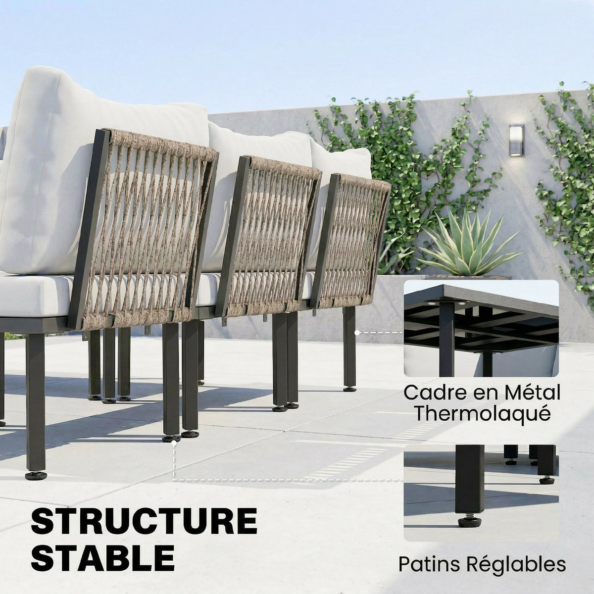 Salon de jardin modulable 6 personnes, table basse avec plateau en verre trempé, gris clair