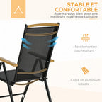 Salon de jardin 6 personnes, cadre en aluminium, table 190 cm, 6 chaises pliables et inclinables, noir
