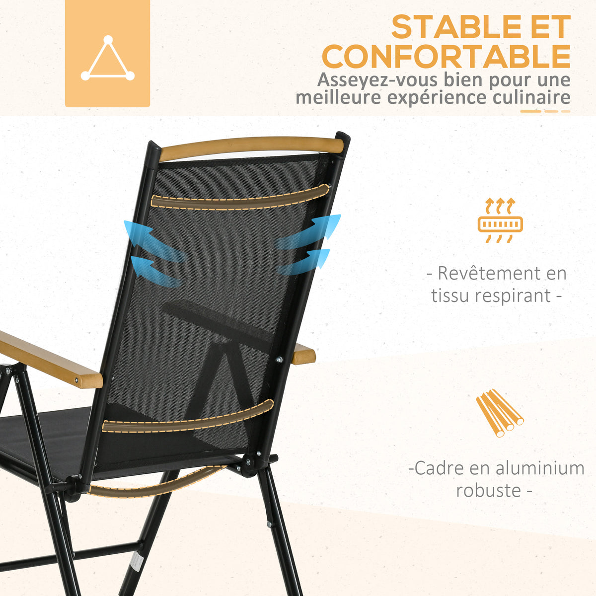 Salon de jardin 6 personnes, cadre en aluminium, table 190 cm, 6 chaises pliables et inclinables, noir