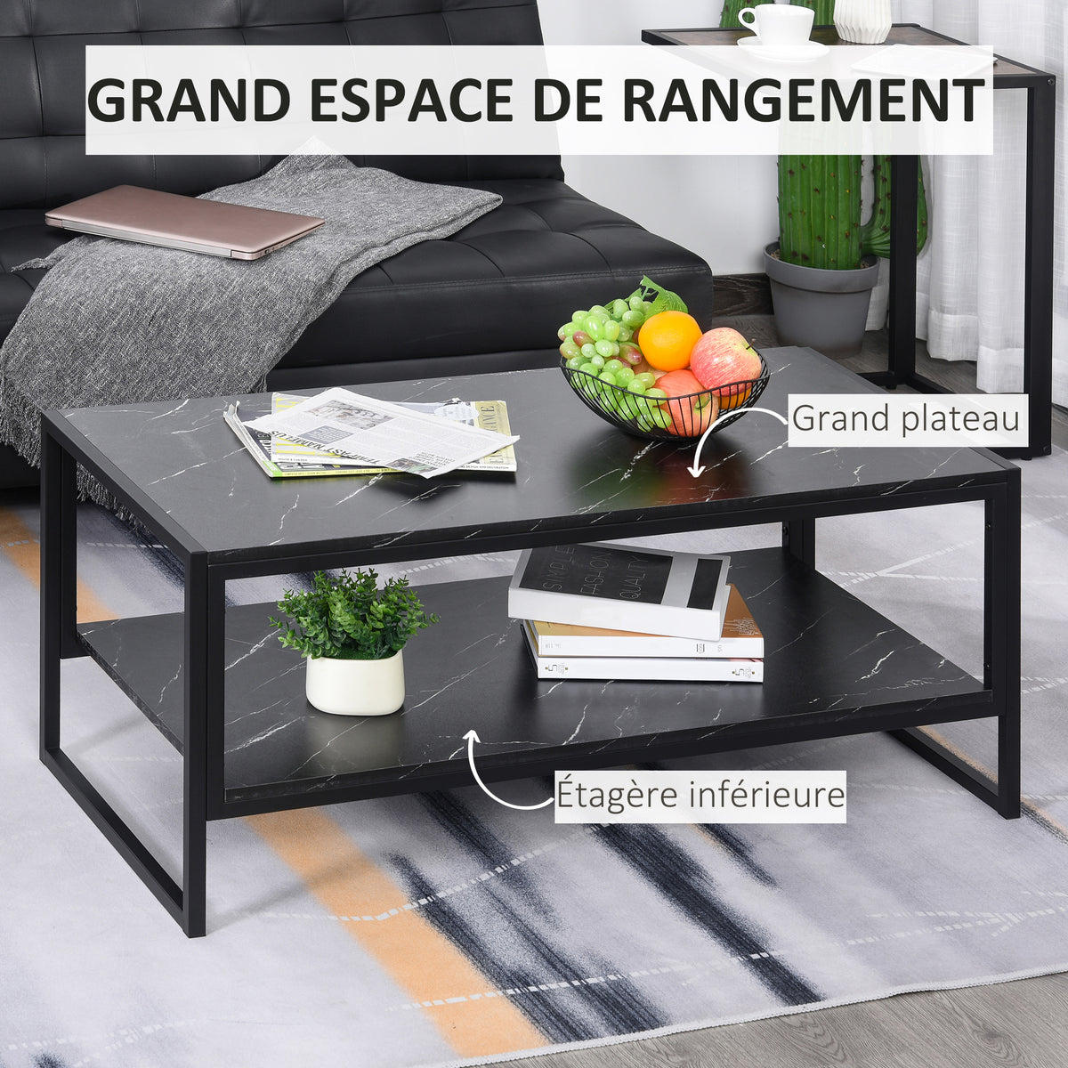 Table Basse avec 2 Étagères 106 x 50 x 47 cm Noir