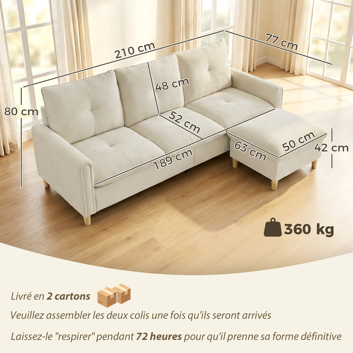 Canapé 3 places avec pouf de rangement, modulable 210 cm, tissu aspect lin, crème
