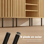 Meuble TV, 60 pouces, 2 portes à lattes, 140x40x52cm, bois naturel