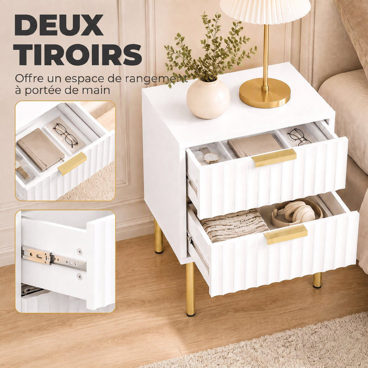 Table de chevet cannelée avec 2 tiroirs et pieds en acier, blanc