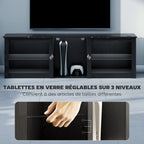 Meuble TV avec éclairage LED jusqu'à 70 pouces, 160cm avec étagères en verre réglables, noir