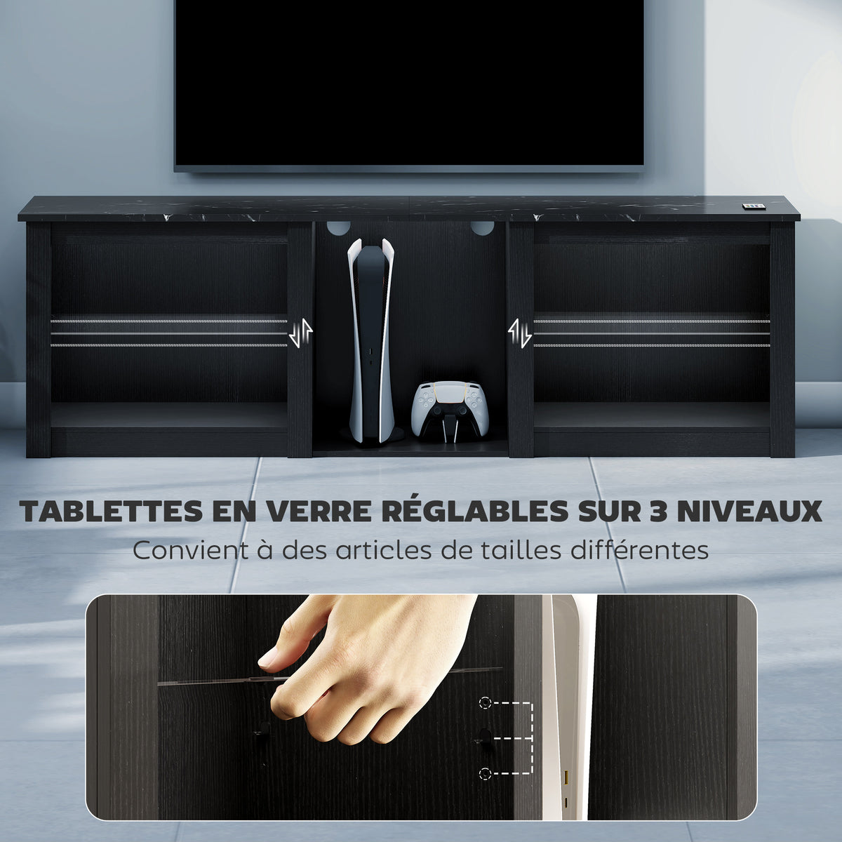Meuble TV avec éclairage LED jusqu'à 70 pouces, 160cm avec étagères en verre réglables, noir