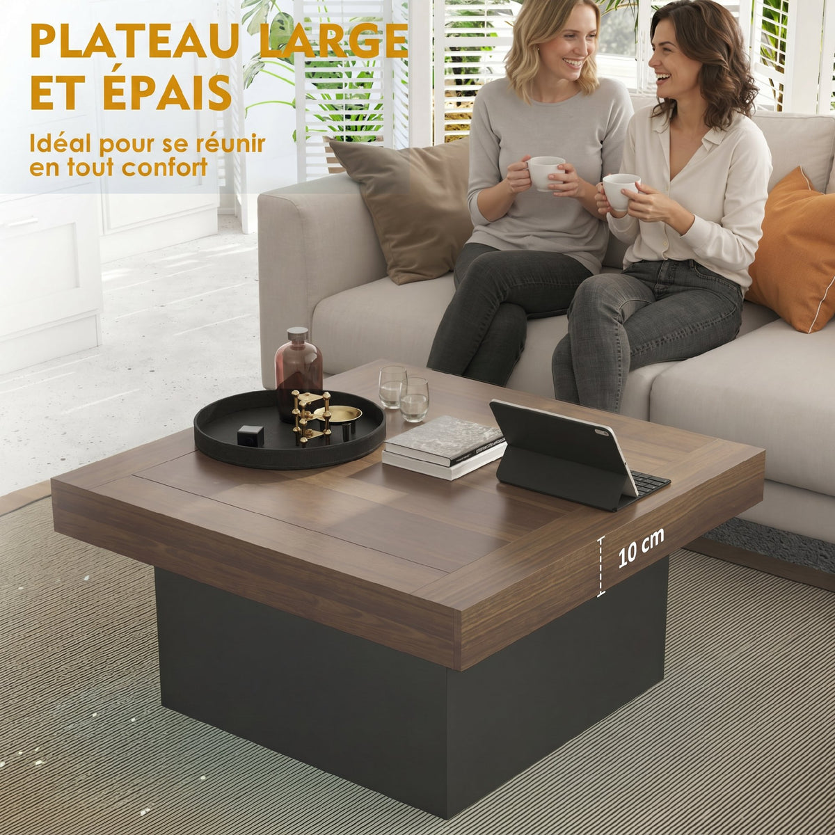Table basse carrée, éclairage LED 16 couleurs, 90 x 90 x 45 cm