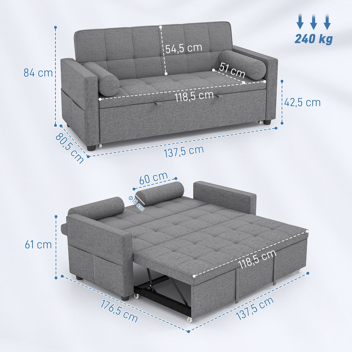 Canapé convertible 2 places, canapé-lit, 2 coussins 80,5x137,5x84cm gris