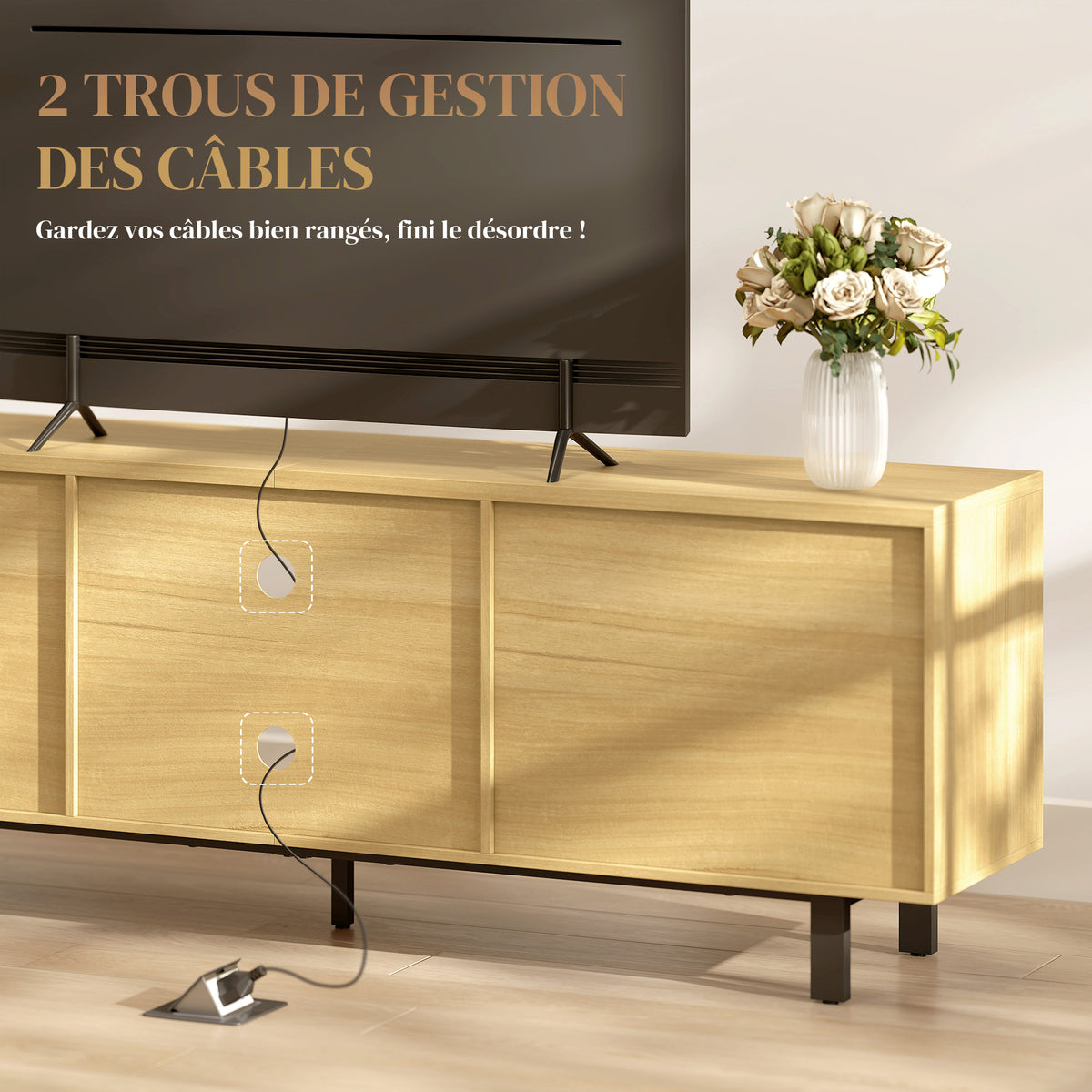 Meuble TV, 65 pouces, 2 portes et 2 étagères, 160x35x55,5cm, bois naturel