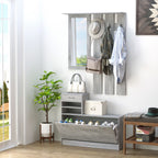 Meuble d'entrée 3 en 1 avec porte-manteau, miroir et banc à chaussures - 6 crochets et étagère réglable, effet béton gris