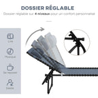 Transat Pliable, Dossier inclinable Multi-Positions, Acier thermoplastique + Lacets élastiques Noir