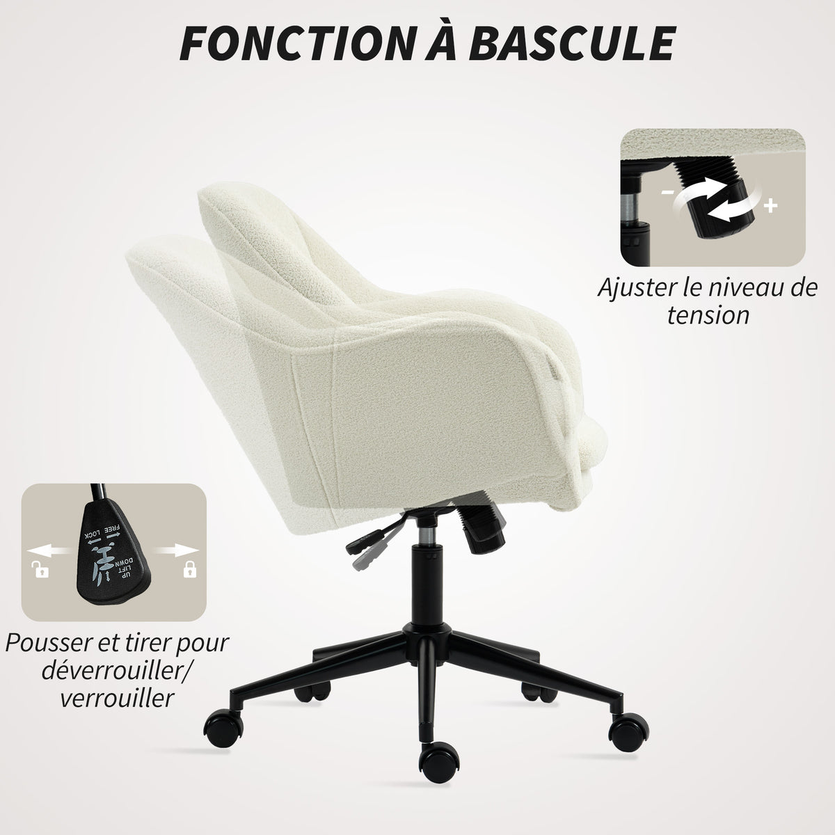 Chaise de bureau, ergonomique, pivotante, fonction de bascule, beige