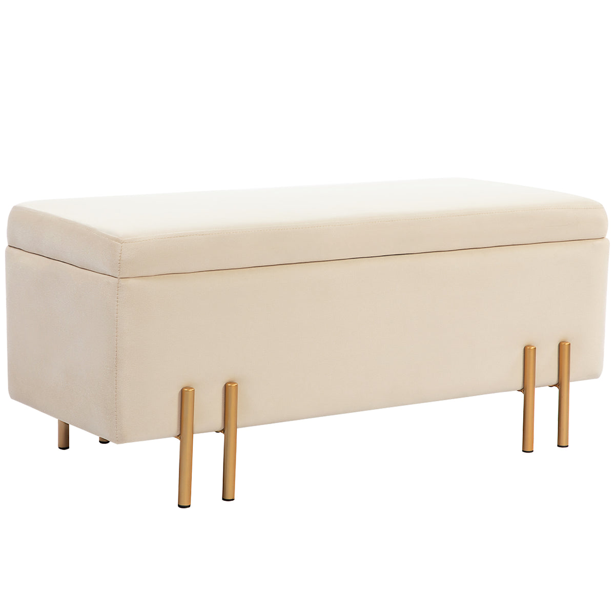 Banc de rangement, espace de rangement velours beige, pieds métal doré