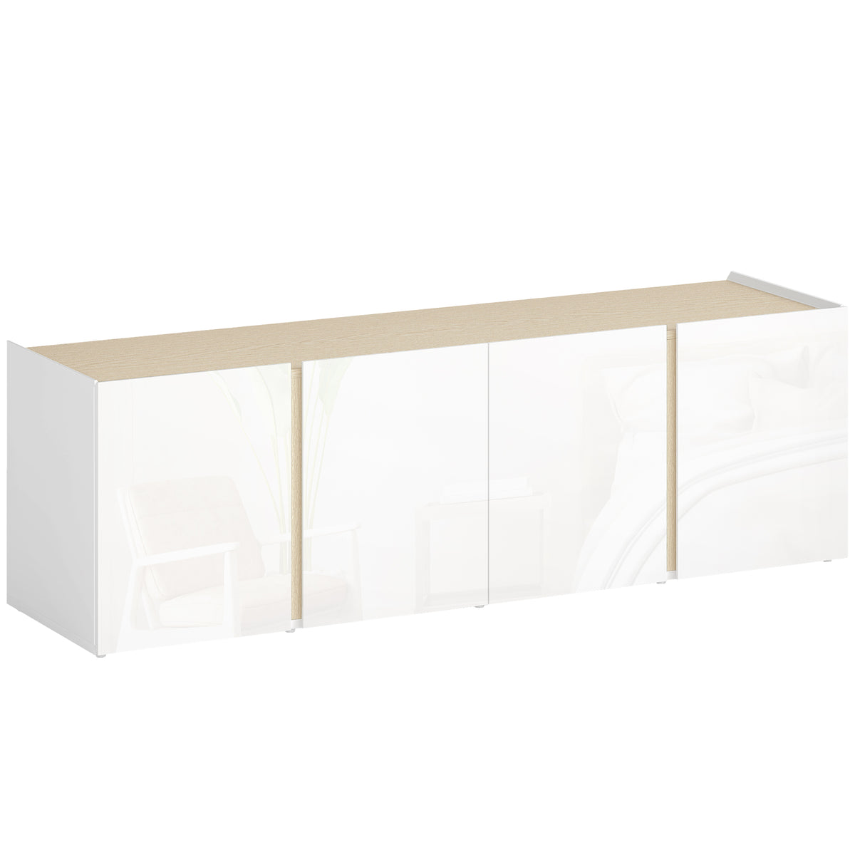 Meuble TV, 4 portes à fermeture amortie, étagère réglable et passe-câbles, 135 x 38 x 45 cm, blanc