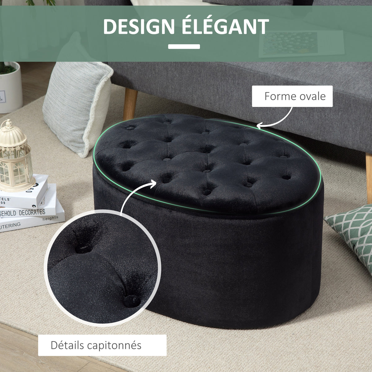 Banc de rangement rembourré avec espace de rangement 71 x 52 x 42 cm noir