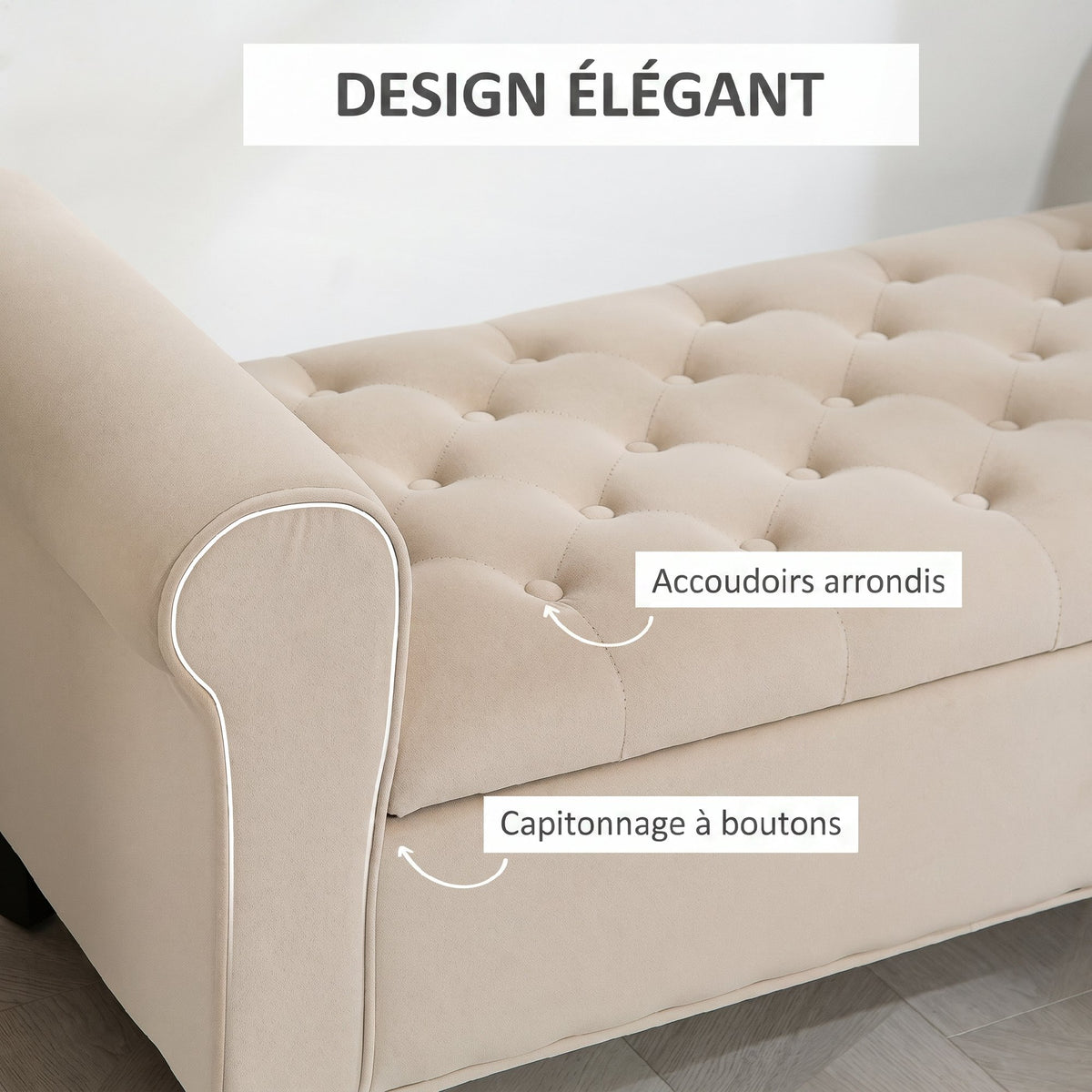 Banc de rangement bout de lit avec accoudoirs, tissu effet velours rembourré, 126 x 48,5 x 57 cm, beige