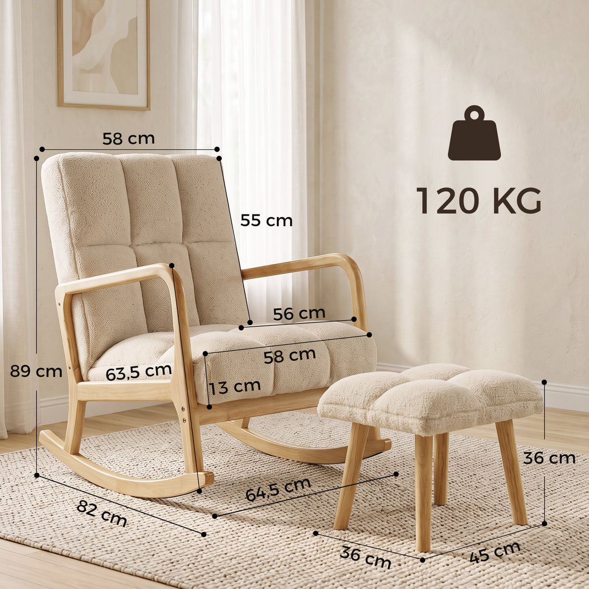 Fauteuil à Bascule avec Repose-Pieds, en Tissu, Pieds en Bois, 64,5 x 82 x 89 cm, Beige