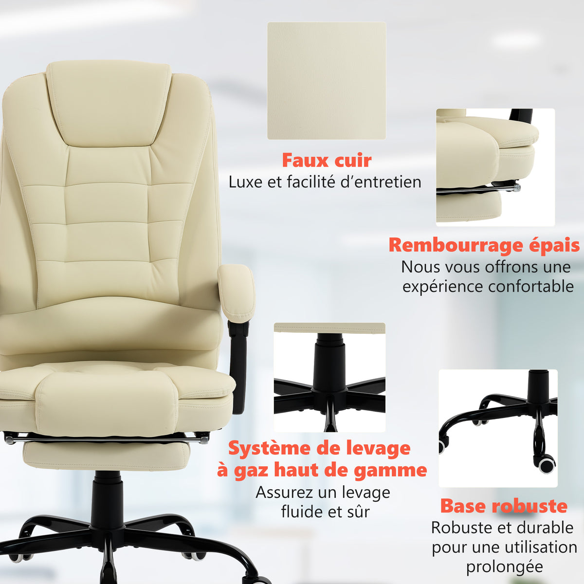 Fauteuil de bureau massant, dossier inclinable et télécommande filaire, beige