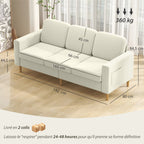 Canapé 3 places en velours, coussins à ressorts, 192x80x84,5cm, beige