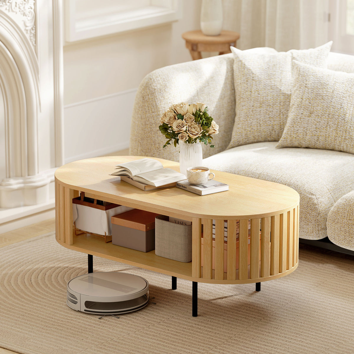 Table basse ovale, design lattes, 100 x 50 x 40 cm, effet bois naturel