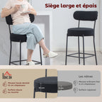 Lot de 2 tabourets de bar en tissu, dossier courbé, repose-pieds, 49x52x95cm, noir