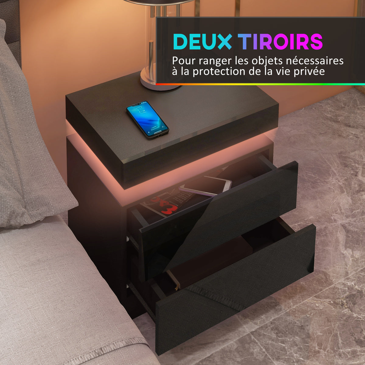 Table de chevet lumière LED RVB haute brillance avec 2 tiroirs noir