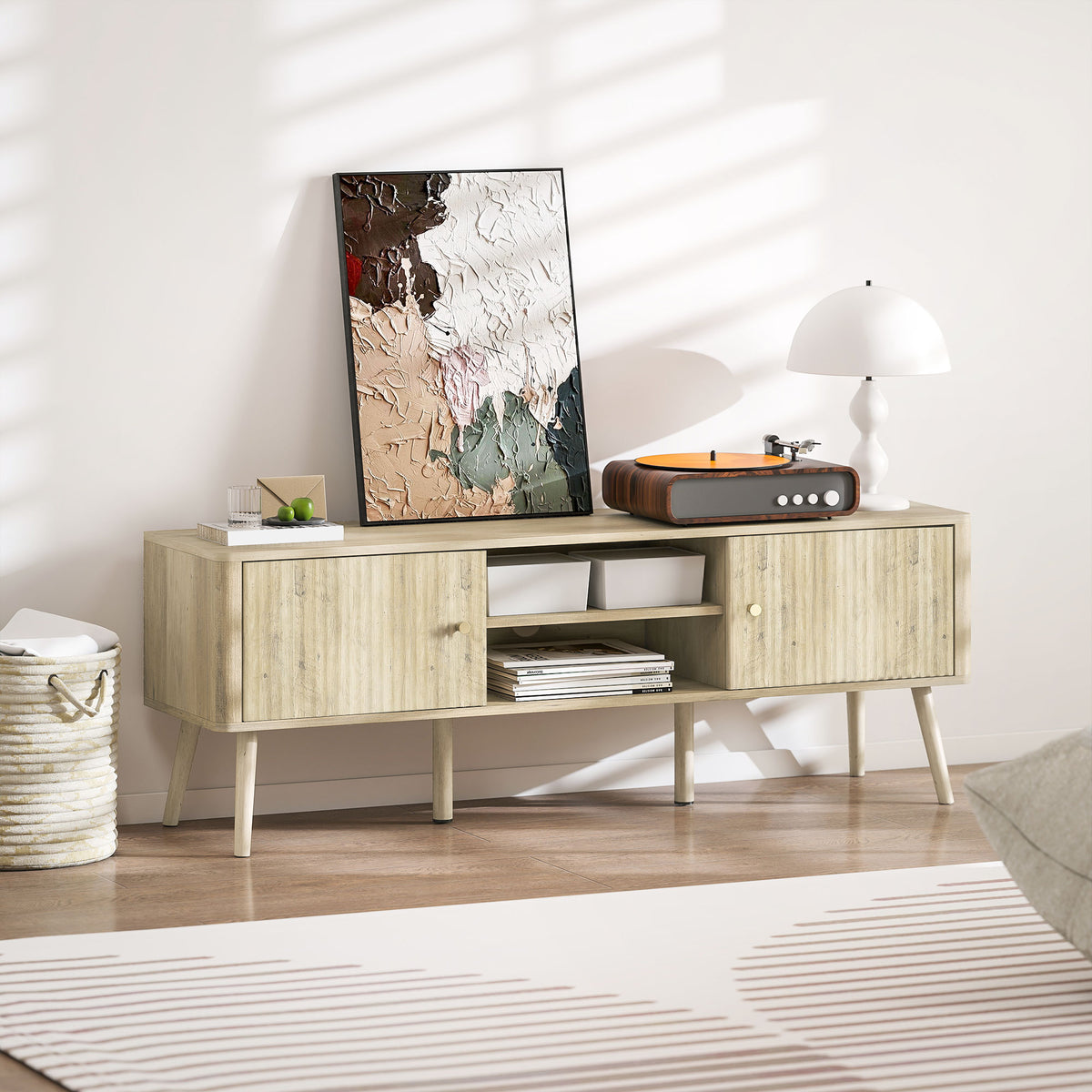 Meuble TV, 65 pouces avec 2 portes, 2 compartiments ouverts, étagère réglable, 140x35x49cm, chêne