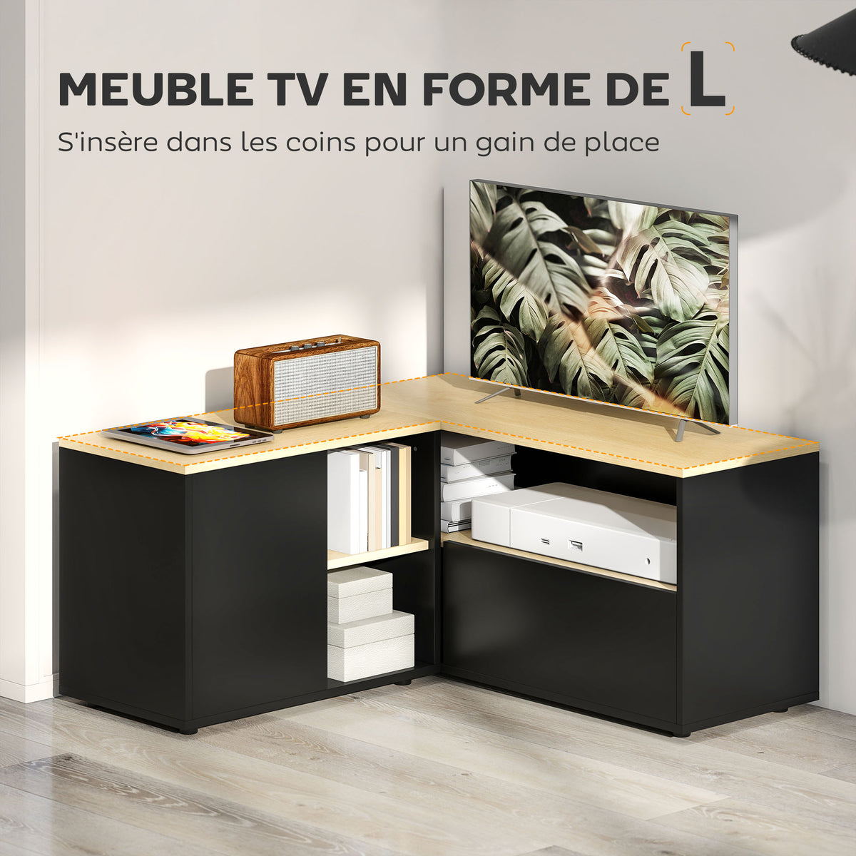 Meuble TV d'angle, 40 pouces avec 2 placards et 3 niches 90 x 90 x 45 cm, en chêne et noir