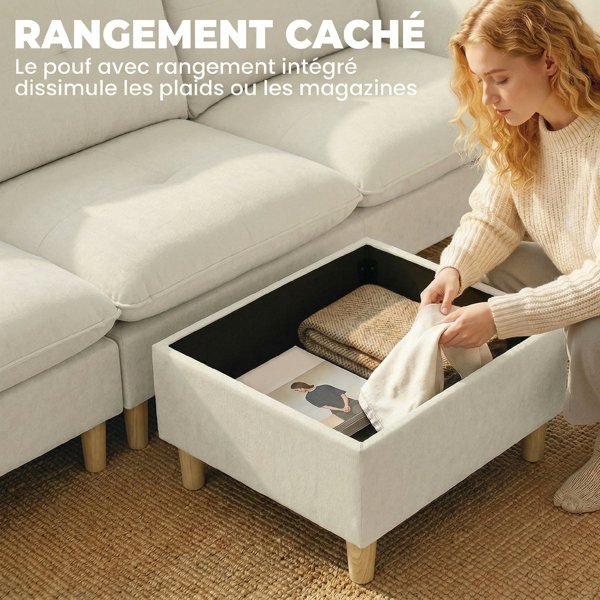 Canapé 3 places avec pouf de rangement, modulable 210 cm, tissu aspect lin, crème