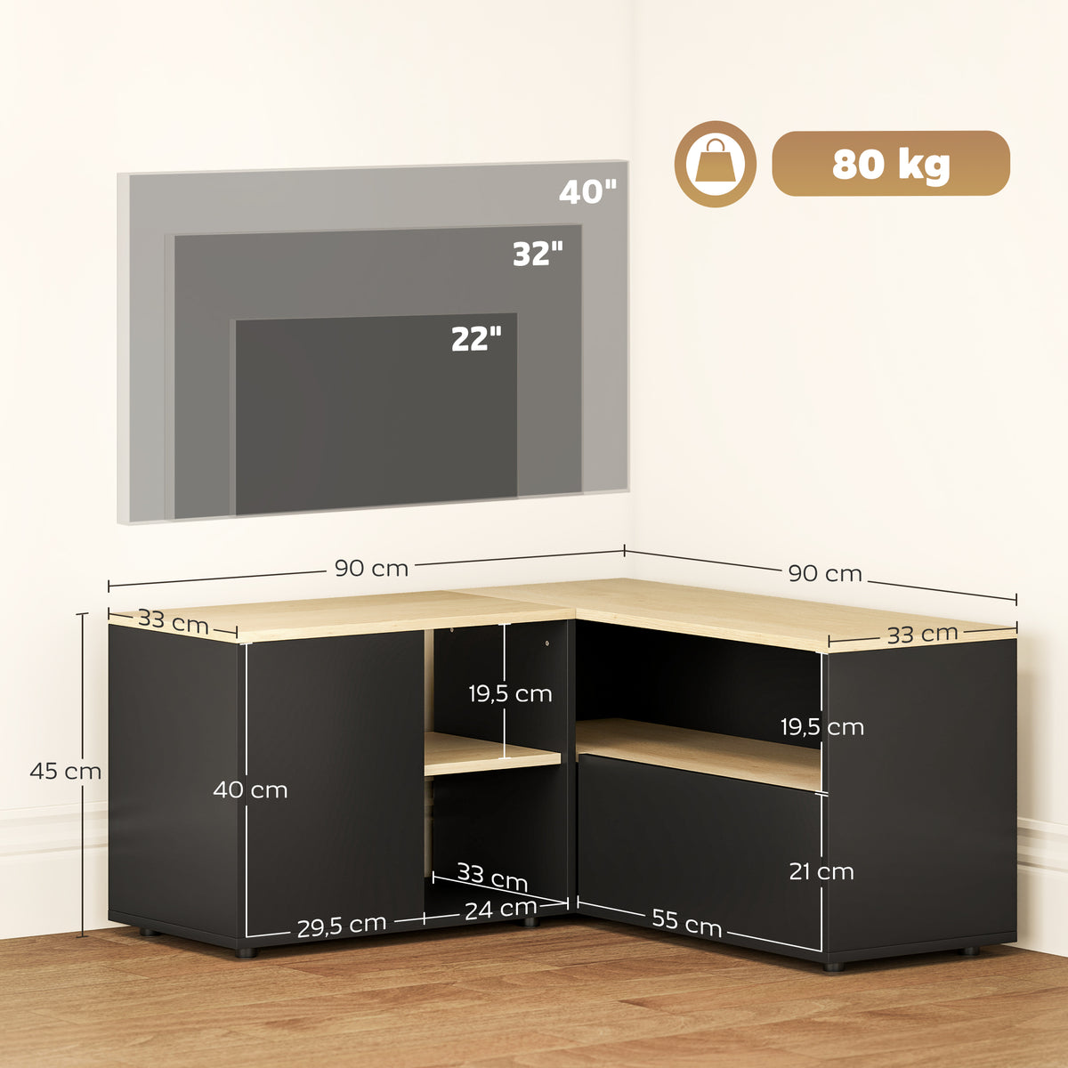Meuble TV d'angle, 40 pouces avec 2 placards et 3 niches 90 x 90 x 45 cm, en chêne et noir