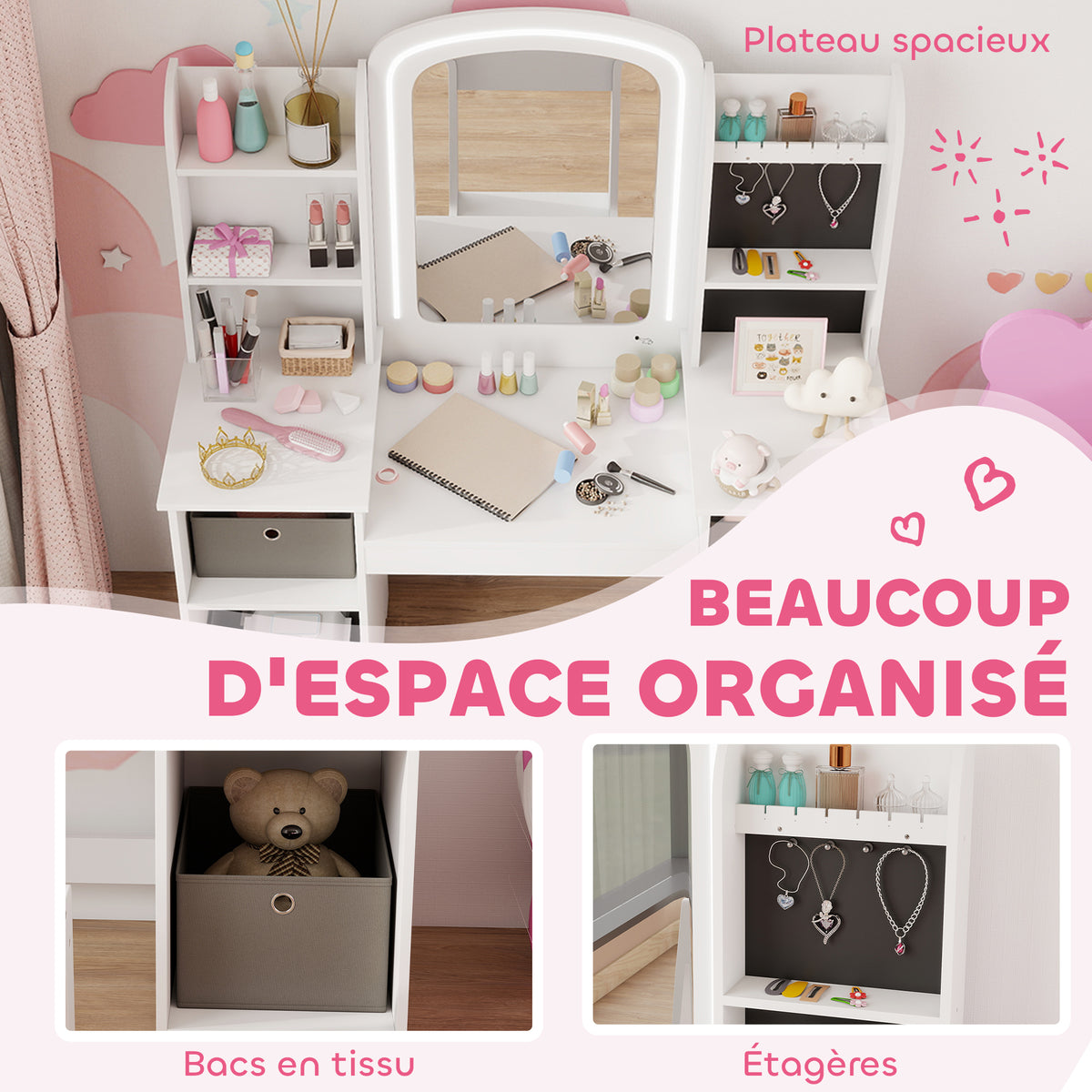 Coiffeuse pour enfants avec tabouret, miroir LED, table de maquillage 104 x 40 x 112 cm, blanc
